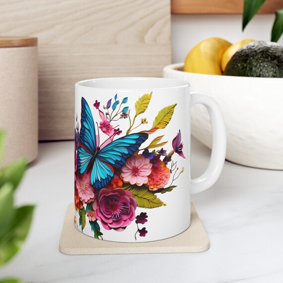 Butterfly Floral Ceramic Mug: Nature Lover Tea Cup