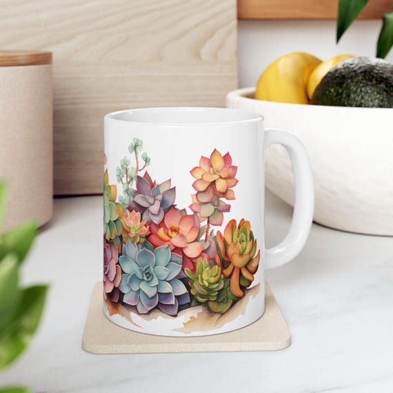 Watercolor Succulent Mug: Botanical Plant Lover Coffee Cup