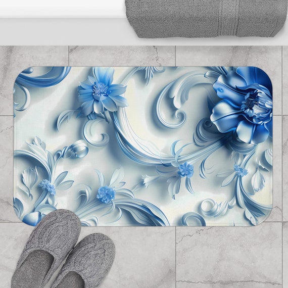 Blue Flower 3D Look Bath Mat | Floral Bathroom Decor | Aesthetic Microfiber Kitchen Floor Mat | Botanical Bath Decor
