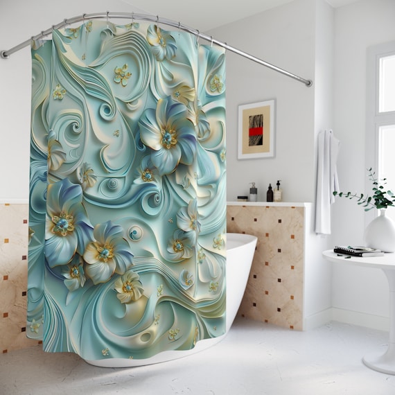 3D Floral Shower Curtain: Light Blue Blossoming Bliss, Polyester Bath Decor