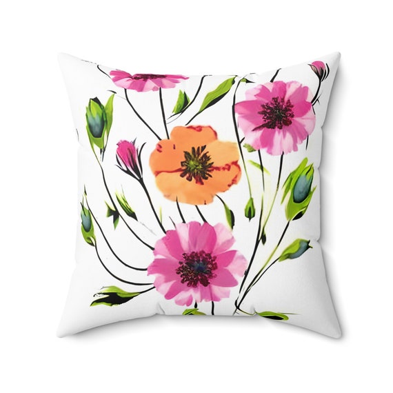 Pink Wildflower Square Pillow: Floral Art Throw Pillow