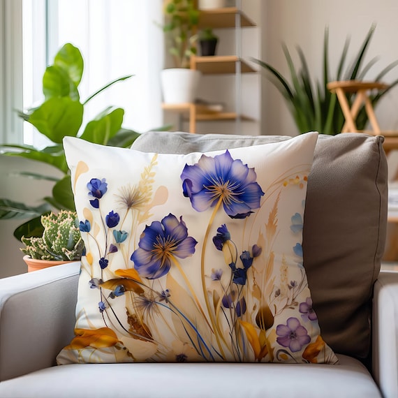 Blue Wildflower Pillow Cover: Vintage Floral Art Throw Pillow