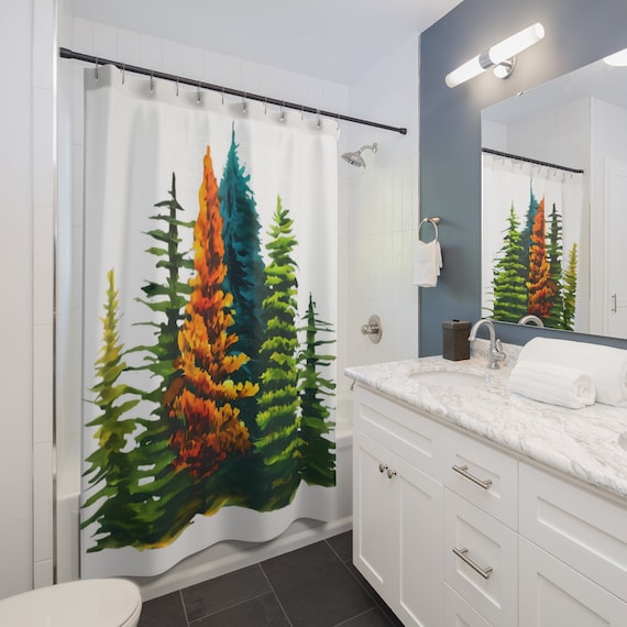 Evergreen Colorful Trees Shower Curtain | Nature Bathroom Decor | Shower Curtain Bath Set | Nature Garden Bath Mat