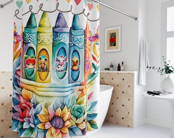 Animal Crayons Shower Curtain | Floral Kids Bathroom Decor