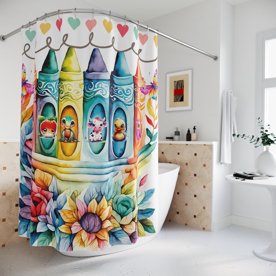Cute Animal Crayons Flower Shower Curtain | Floral Bathroom Decor | Shower Curtain Bath Set | Kids Bathroom Decor | Kids Bath Set