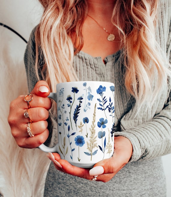 Blue Flowers Ceramic Mug: Boho Cottagecore Floral Tea Cup