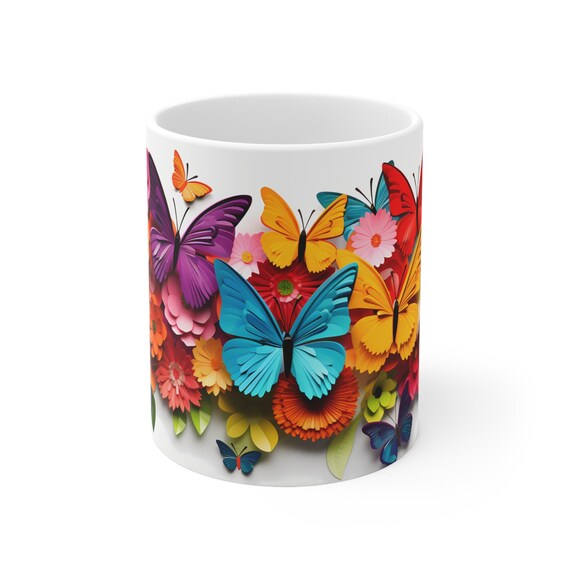 Butterfly Flower Mug: Vibrant Ceramic Coffee Cup, Nature Lover Gift