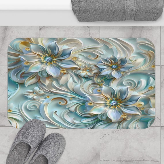 Floral 3D Light Blue Flower Bath Mat: Cottagecore Bathroom Decor