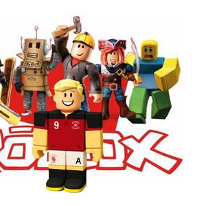 May include: A collection of Roblox character figures, featuring a blonde-haired figure in a red and black jersey with the number 9. Other figures include a robot, a knight, and a pirate. The Roblox logo is displayed prominently.
