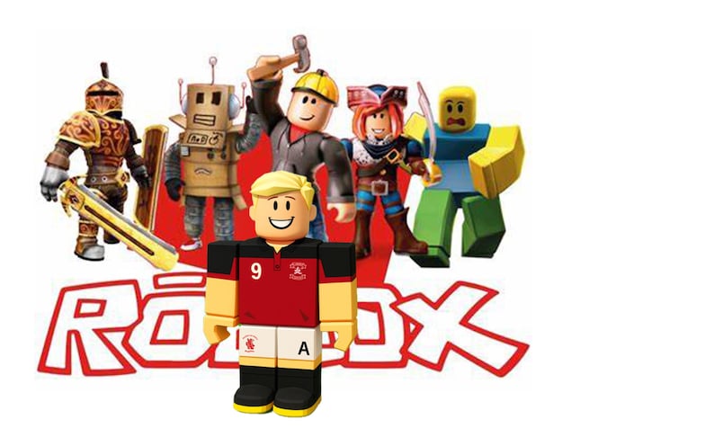 May include: A collection of Roblox character figures, featuring a blonde-haired figure in a red and black jersey with the number 9. Other figures include a robot, a knight, and a pirate. The Roblox logo is displayed prominently.