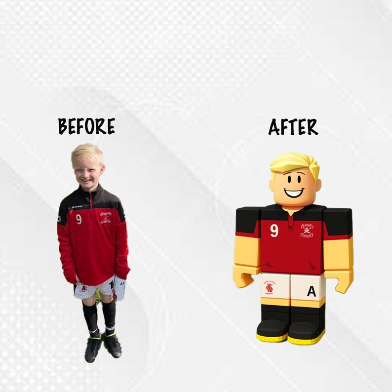 May include: Image comparison: a young person in a red and black football kit next to a Roblox-style avatar wearing the same kit. The avatar has a smiling face and blonde hair. Text above reads "BEFORE" and "AFTER".