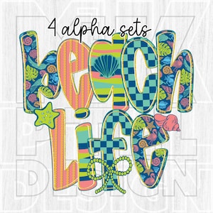 Può includere: Design colorato "Beach Life" con vari motivi, tra cui strisce, quadretti ed elementi tropicali. Include una stella marina, conchiglie e il testo "4 alpha sets".