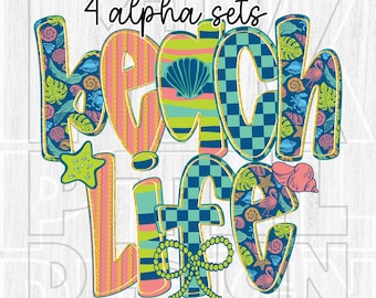 Beach Alpha PNG Set, Funky Doodle Letters (Digital Download)