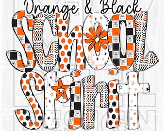 School Spirit Alpha Set Orange & Black colors Doodle Letter PNG (Digital Download)