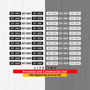 以下が含まれることがあります： 黒と白のグラフィックデザインで、「LIFETIME」と「Personal and Commercial Use*」のテキストが赤色で表示されています。デザインには、「EST. 2019」から「EST. 2029」までのテキストも黒色で表示されています。