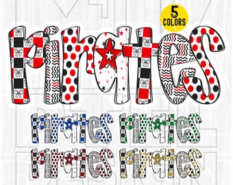 May include: The word "Pirates" is displayed in a playful font, with each letter featuring a unique pattern, including polka dots, stars, and checkered designs. The image also shows the word "Pirates" in five different colour schemes.