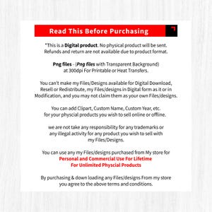 May include: A white document with black text and a red banner at the top. The text details terms and conditions for digital product purchases, covering usage rights, file formats, and refund policies.