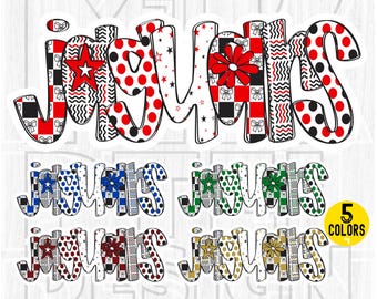 May include: A sticker design displaying the word "JESUS" in a bold, bubble-style font. The letters are adorned with patterns like polka dots, stars, and checkered designs in red, black, and white. Additional colour variations are shown.