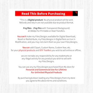 May include: A white background with text in black and red, titled "Read This Before Purchasing." The text details the terms of use for digital files, including restrictions on resale and modification, and permitted uses for physical products.