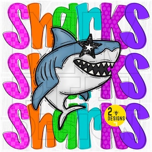 Preppy Neon Star Eyed Sharks-mascotte png, schoolhaaien png, neonhaaien png, kleurrijke haaien, sublimatieontwerp haaien, haaien digitaal, DTF