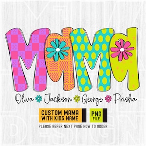 Custom Preppy Bright Neon Mama design with kids name Png, Custom Neon Mama png, Custom Mother&#39;s Day Gift, Custom Mama Design, Digital File