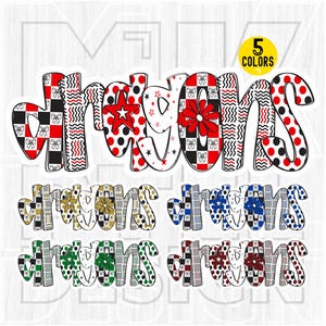 May include: A sticker design featuring the word "dreams" in a whimsical, colorful font. The top row displays the word in red, black, and white patterns. Below are variations in gold, blue, green, and maroon. A yellow circle indicates "5 COLORS".