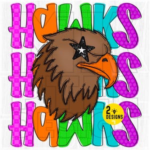 Preppy Neon Star Eyed Hawks Mascot Png, School Hawks Png, Neon Hawks Png, Colorful Hawks Png, Hawks Sublimation, Hawks Digital File, DTF