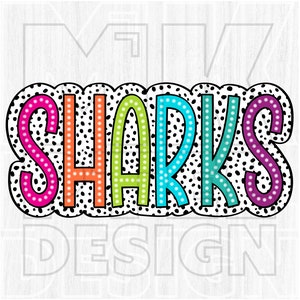 Sharks PNG, Colorful, Dalmatian Dots, Mascot, School Spirit, Team Spirit File, Digital File, Sublimation Download, DTF File, DTG File