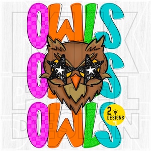 Preppy Neon Star Eyed Owls Mascot Png, School Owls Png, Neon Owls Png, Colorful Owls, Owls Sublimation, Mustangs Digital, Team Owls png, DTF