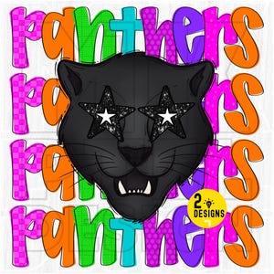 Neon Star-Eyed Panthers Mascot PNG: Preppy School Spirit (Digital Download
