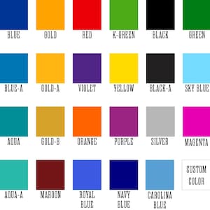 May include: A color chart featuring a variety of hues, including blue, gold, red, green, black, and purple. Each color is displayed in a square with its name printed below. Additional colors include aqua, orange, silver, and magenta. The text "Custom Color" is also present.