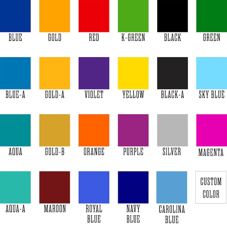 May include: A color chart featuring a variety of hues, including blue, gold, red, green, black, and purple. Each color is displayed in a square with its name printed below. Additional colors include aqua, orange, silver, and magenta. The text "Custom Color" is also present.