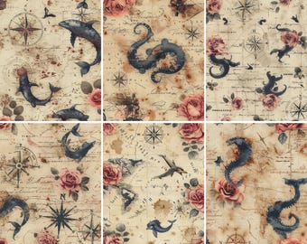 Vintage Sea Myths Rice Paper- 6 x Different Printed Mulberry Paper Images 30gsm