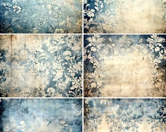 Blue Damask Rice Paper- 6 x Different Printed Mulberry Paper Images 30gsm