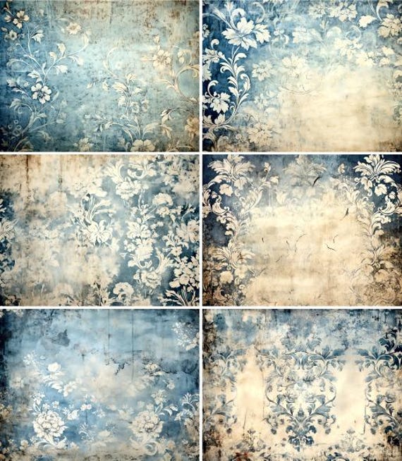 Blue Damask Rice Paper- 6 x Different Printed Mulberry Paper Images 30gsm