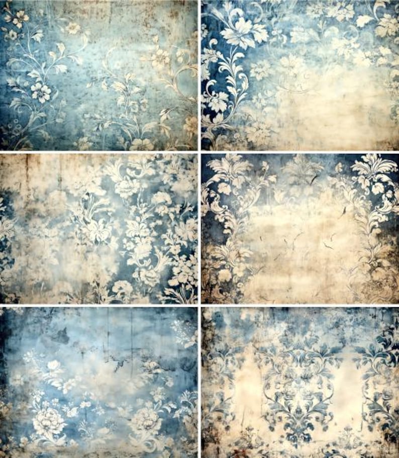 Pu&ograve; includere: Un collage di sei sfondi in stile vintage. Ognuno presenta un aspetto invecchiato e strutturato con una miscela di toni blu, crema e marrone. Motivi floreali bianchi e disegni ornati adornano le superfici, creando un'estetica classica e invecchiata.