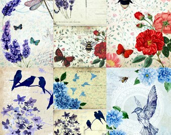 Bees & Birds Rice Paper- 6 x Different Printed Mulberry Paper Images 30gsm