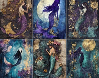 Mermaid Rice Paper- 6 x Different Printed Mulberry Paper Images 30gsm