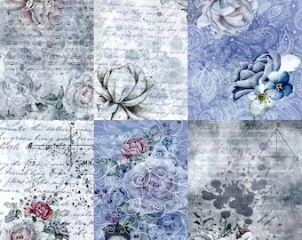 Blue Background Rice Paper- 6 x Different Printed Mulberry Paper Images 30gsm