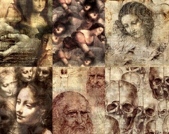 Papier de riz sur le thème de da Vinci - 6 images imprimées uniques sur du papier mûrier 30 g/m²