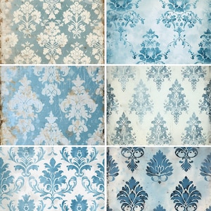 Carta di riso damascata blu pallido - 6 diverse immagini stampate su carta di gelso 30 g/m²