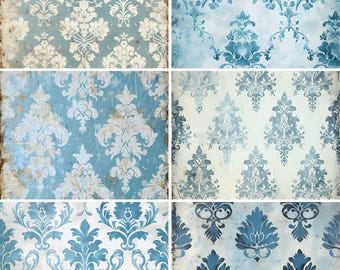 Pale Blue Damask Rice Paper- 6 x Different Printed Mulberry Paper Images 30gsm
