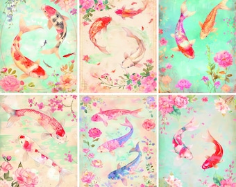 Koi Fish Rice Paper- 6 x Different Printed Mulberry Paper Images 30gsm