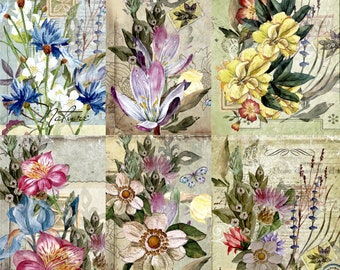 Floral Postcard Rice Paper- 6 x Different Printed Mulberry Paper Images 30gsm