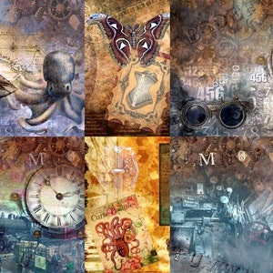 Dark Steampunk Rice Paper- 6 x Different Printed Mulberry Paper Images 30gsm