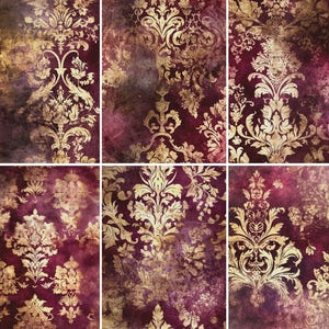 Carta di riso damascata grunge bordeaux - 6 diverse immagini stampate su carta di gelso, 30 g/m²