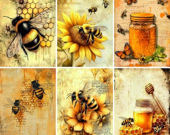 Bumblebees Rice Paper- 6 x Different Printed Mulberry Paper Images 30gsm