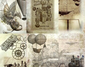 Light Steampunk Rice Paper- 6 x Different Printed Mulberry Paper Images 30gsm