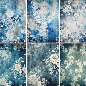 Carta di riso damascata grunge blu - 6 diverse immagini stampate su carta di gelso 30 g/m²