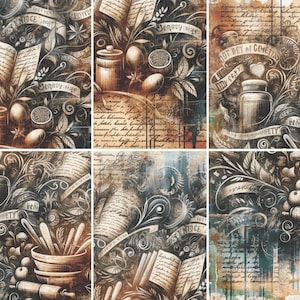 Könnte beinhalten: Ein Fliesendesign im Vintage-Stil mit einem dunkelbraunen und schwarzen Hintergrund. Die Fliese zeigt verschiedene Bilder, darunter Gläser, Bücher und Blumen. Die Fliese hat auch ein handschriftliches Textmuster in hellbrauner Farbe.